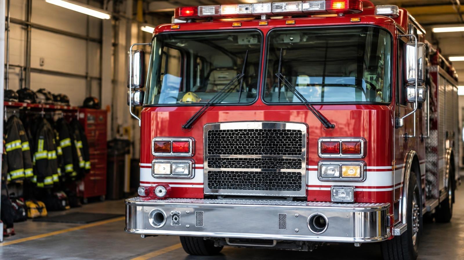 A red fire engine parked inside a fire station bay, viewed from the front.