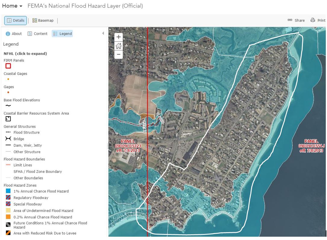 FEMA interactive flood map showing blue-shaded flood hazard zones overlaid on satellite imagery of a coastal area.