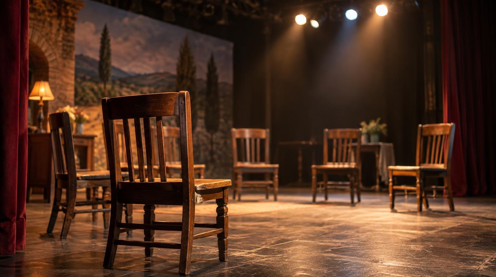 Empty stage with dramatic spotlights and partially drawn curtains.