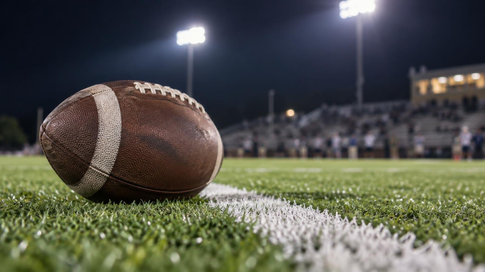 A football resting on a grass field beside a white yard line under bright stadium lights at night.