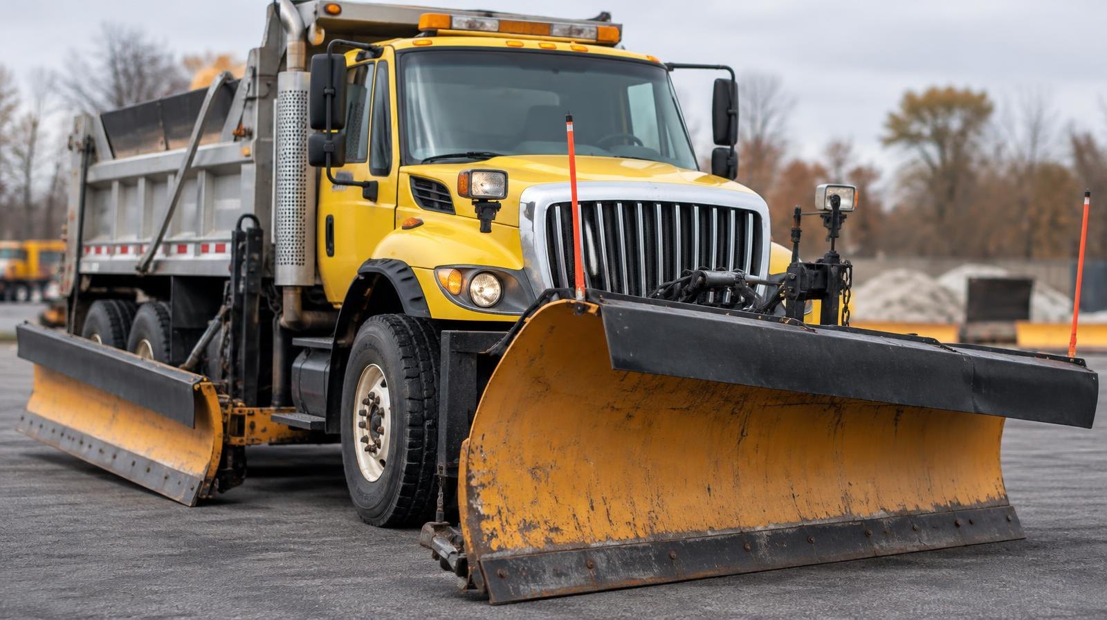 Yellow snowplow truck with front blade and side wing plow parked on asphalt.
