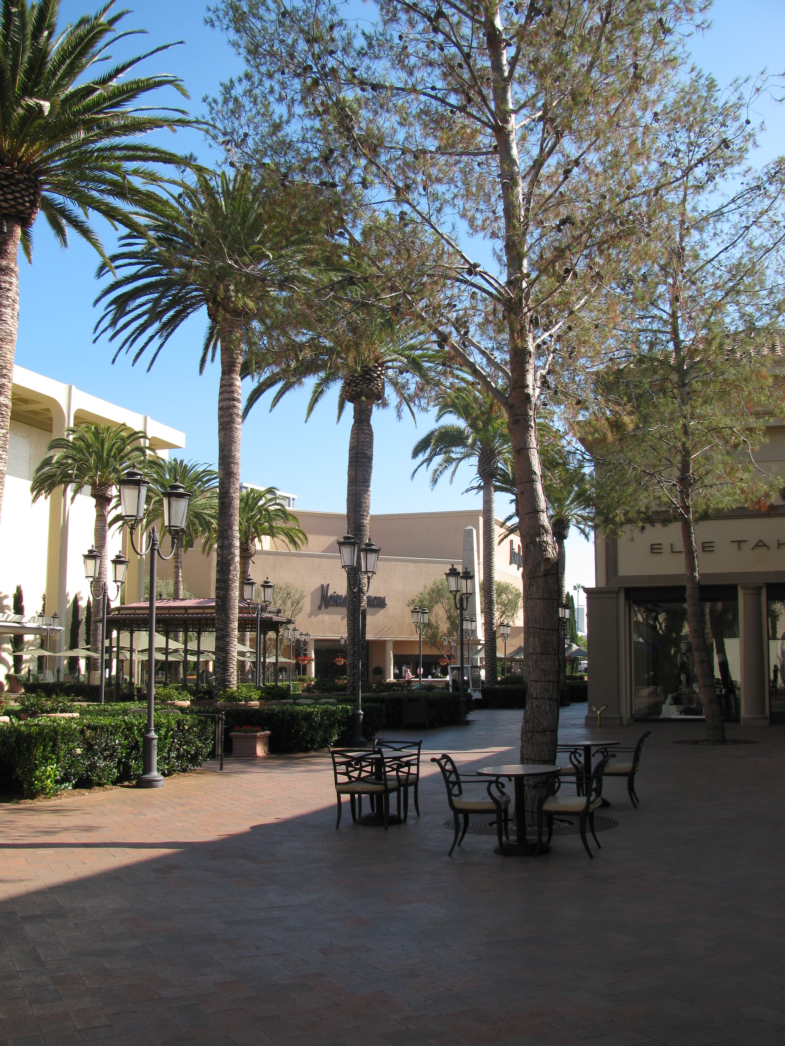 Sunny open-air shopping center courtyard with palm trees, patio seating, and storefronts.