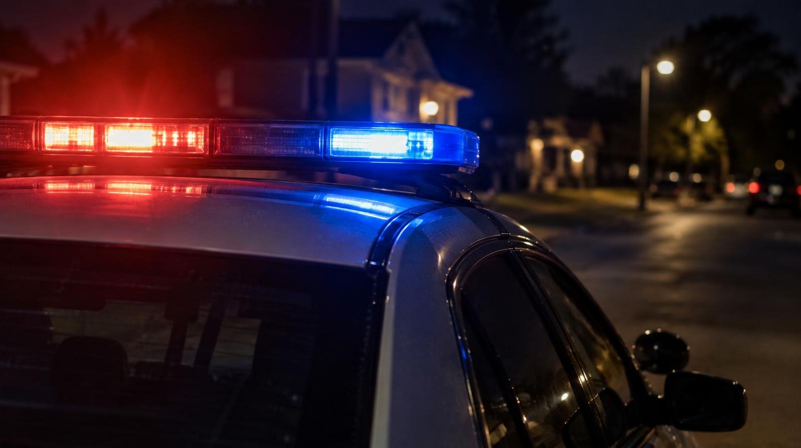 Red and blue police emergency lights glowing on a dark street at night