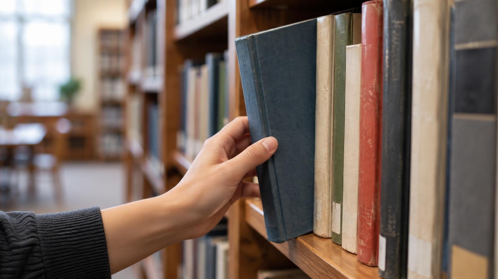 Hardcover and paperback books on a wooden library shelf, one pulled halfway out.