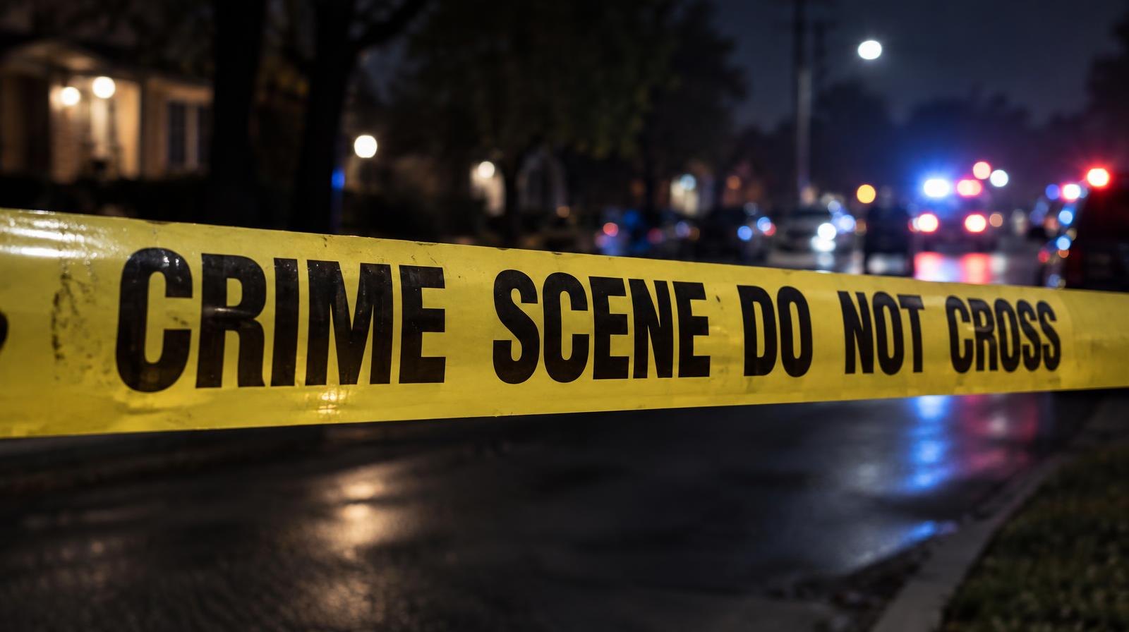 Yellow police crime scene tape stretched across a dark nighttime scene.