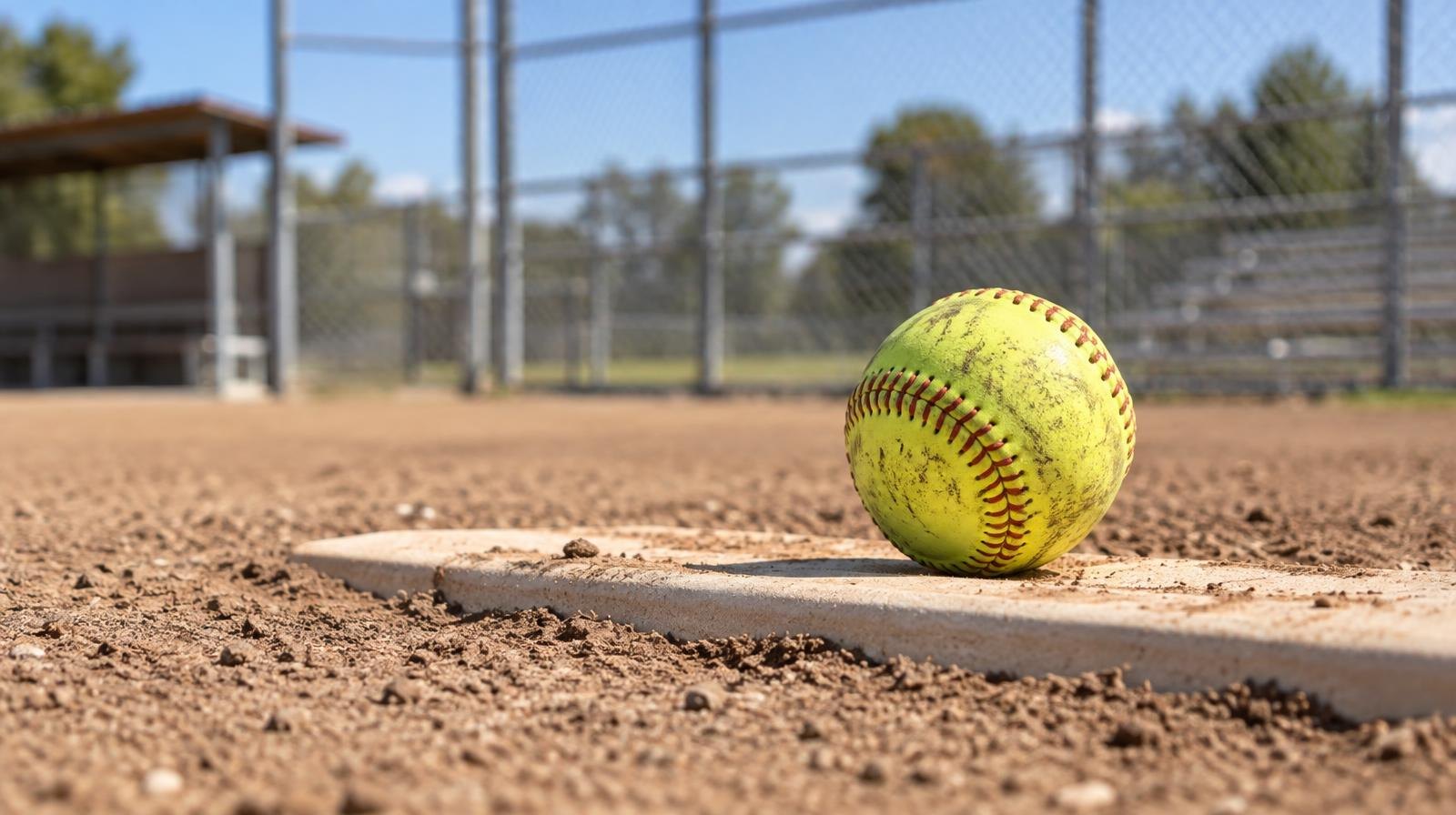 Yellow softball resting on a pitcher's rubber on a dirt mound.