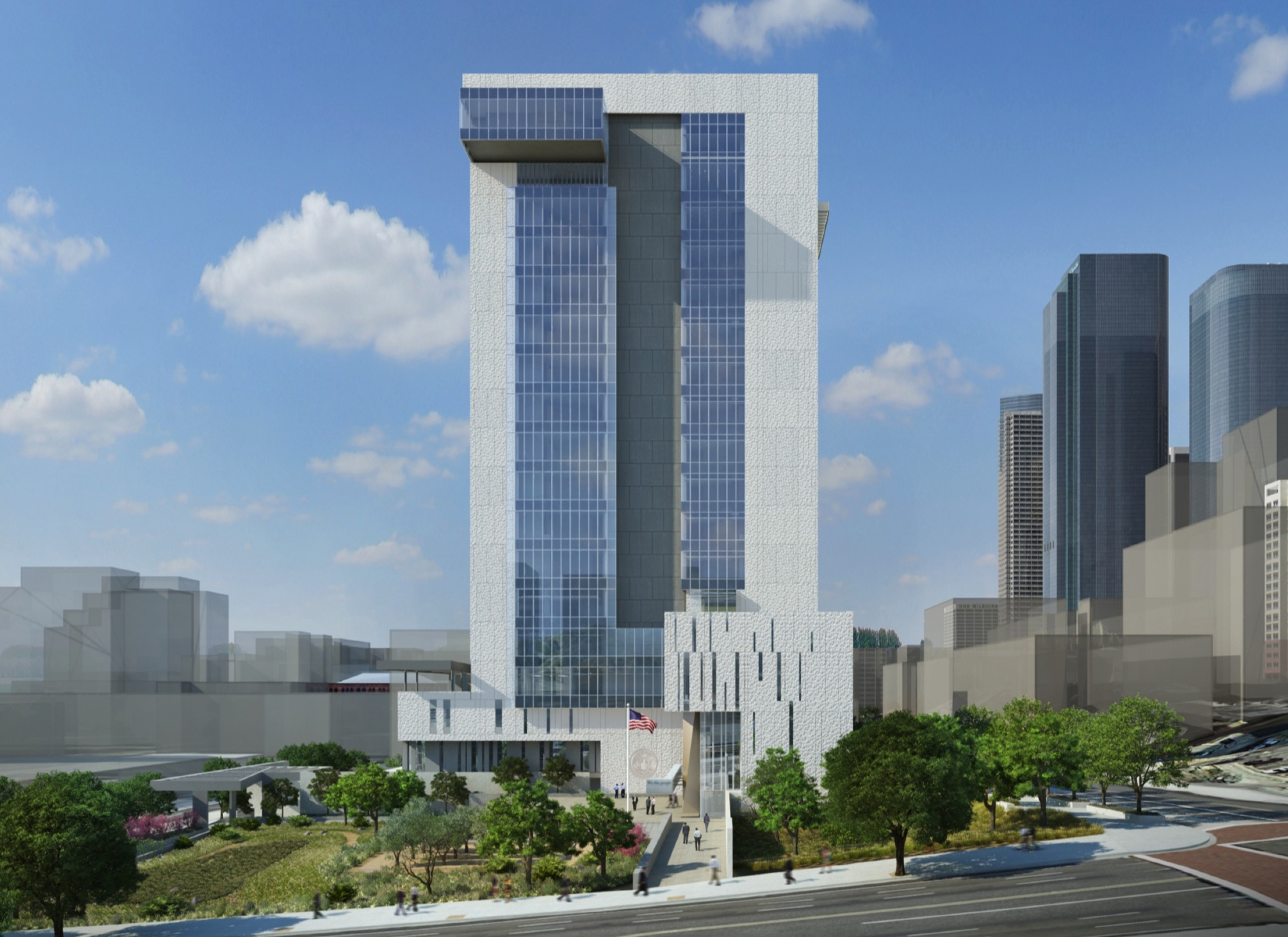Tall glass-facade federal courthouse building with an American flag at the entrance.