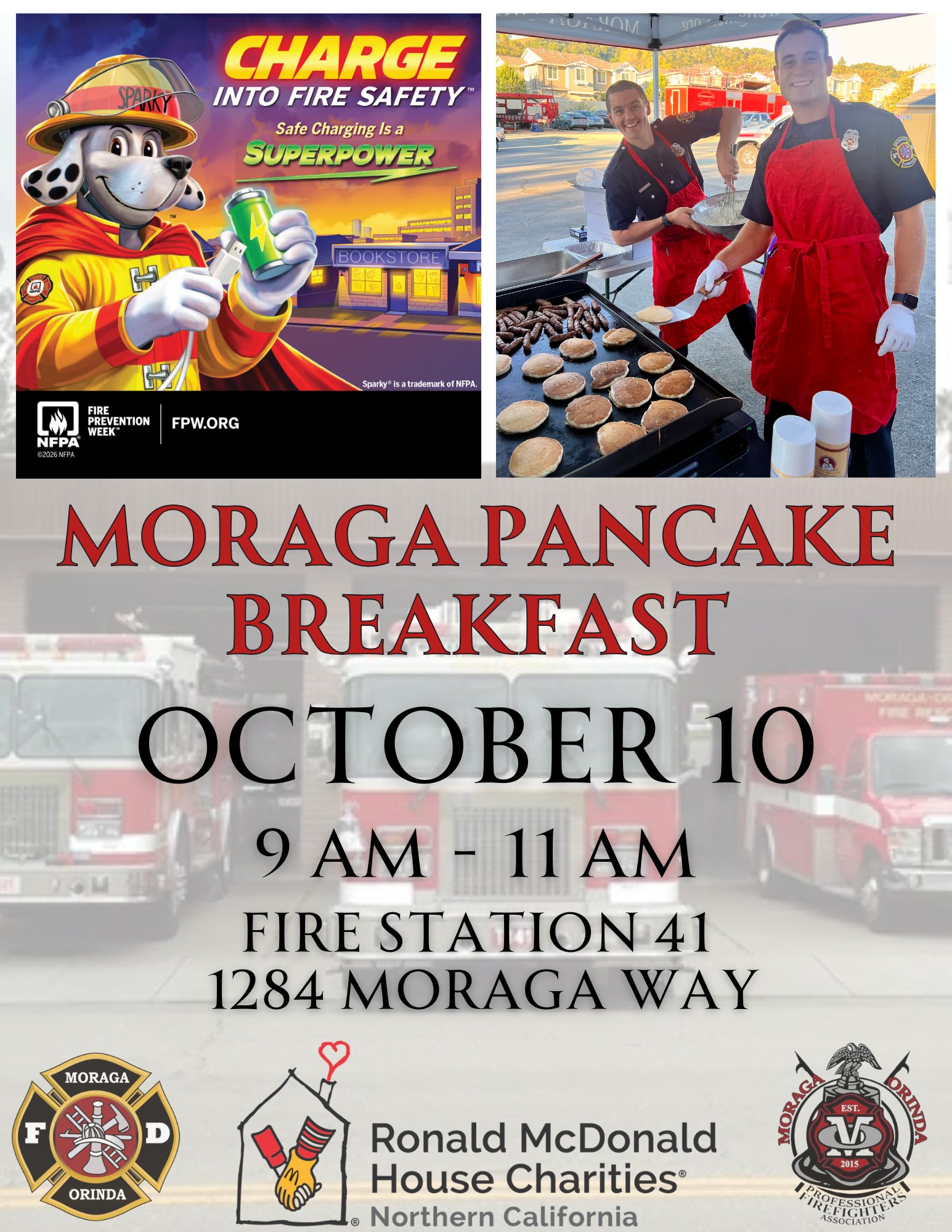 Event flyer showing a firefighter cooking pancakes on a griddle at a fire station open house.