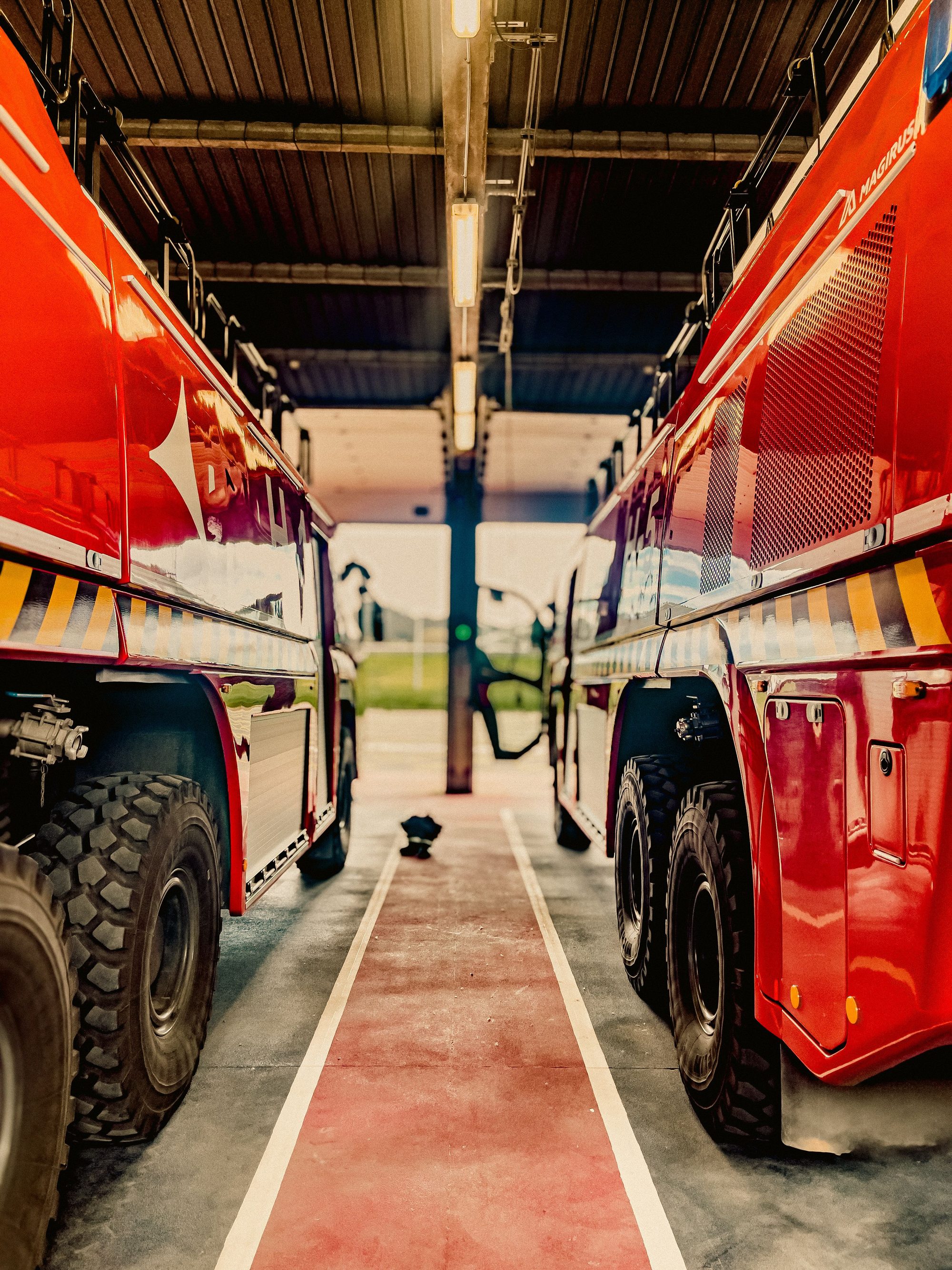 Red fire trucks parked inside a station garage, ready for emergency response.
