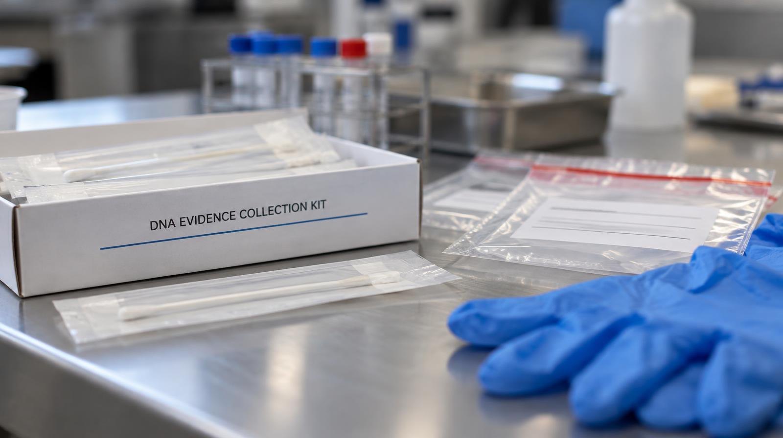 Forensic swabs, sealed evidence bags, and latex gloves on a lab surface.