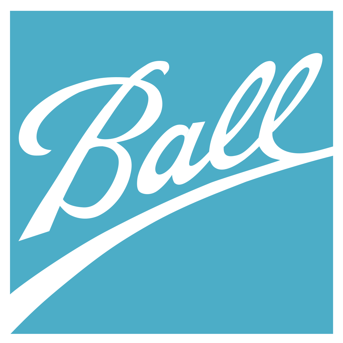 Ball Corporation wordmark in white script on a teal blue background.