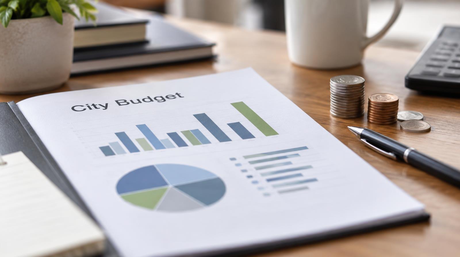 Open budget document on a desk beside stacked coins and a pen.