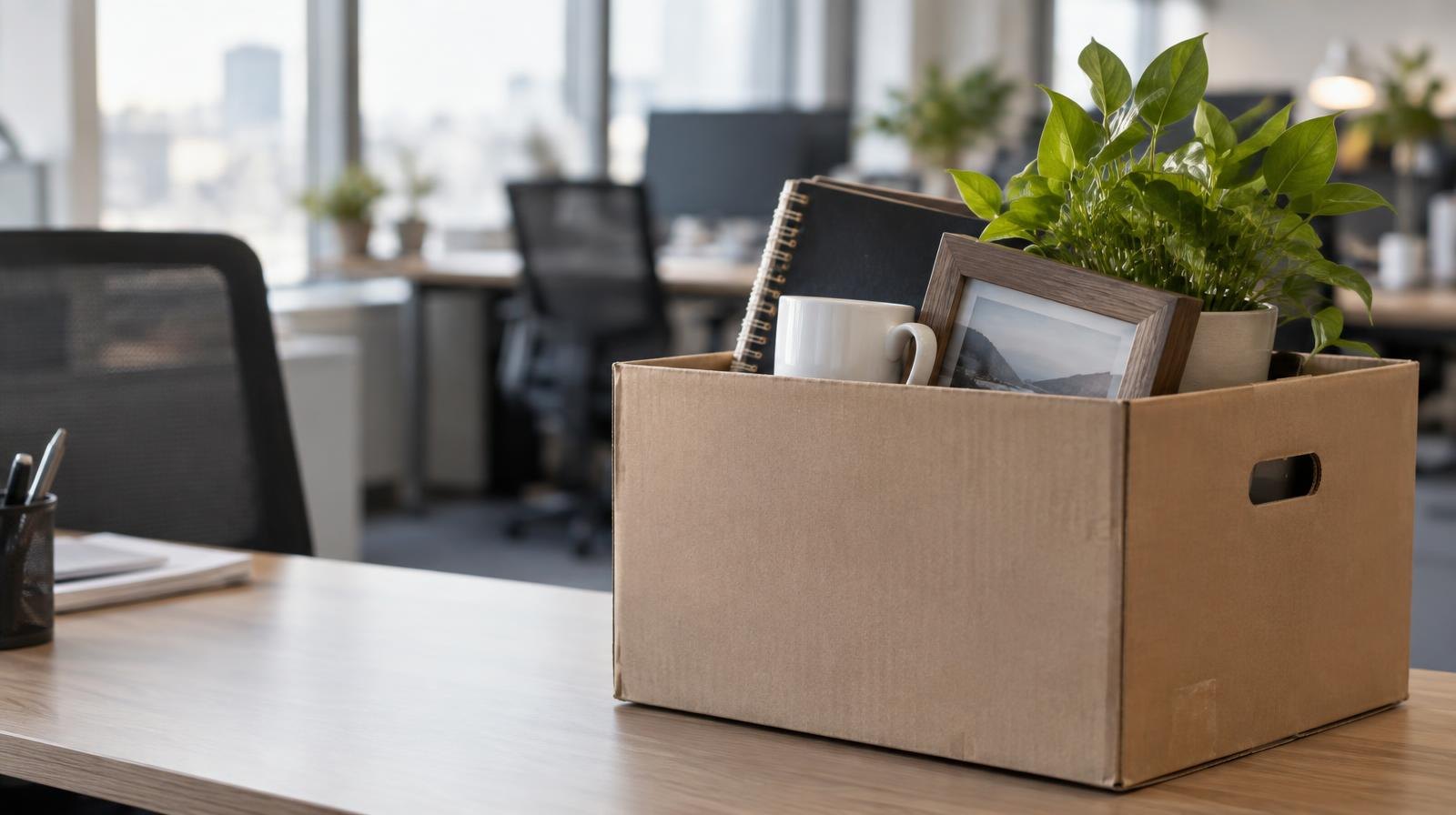 Cardboard box with office items on an empty desk in a modern office.