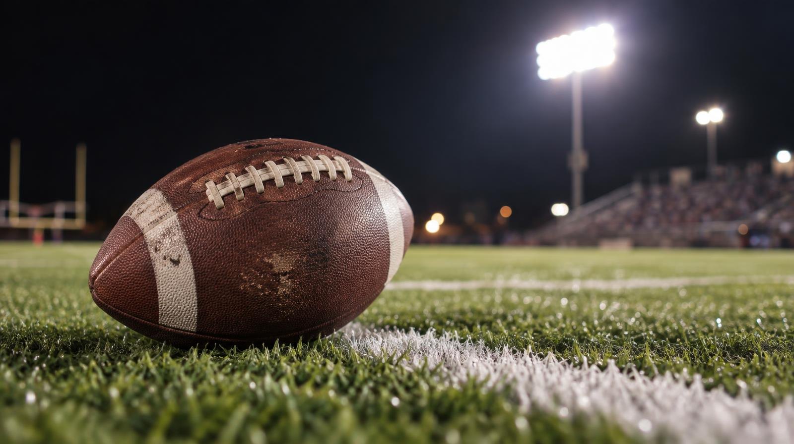 A football resting on a grass field beside a white yard line under stadium lights at night.