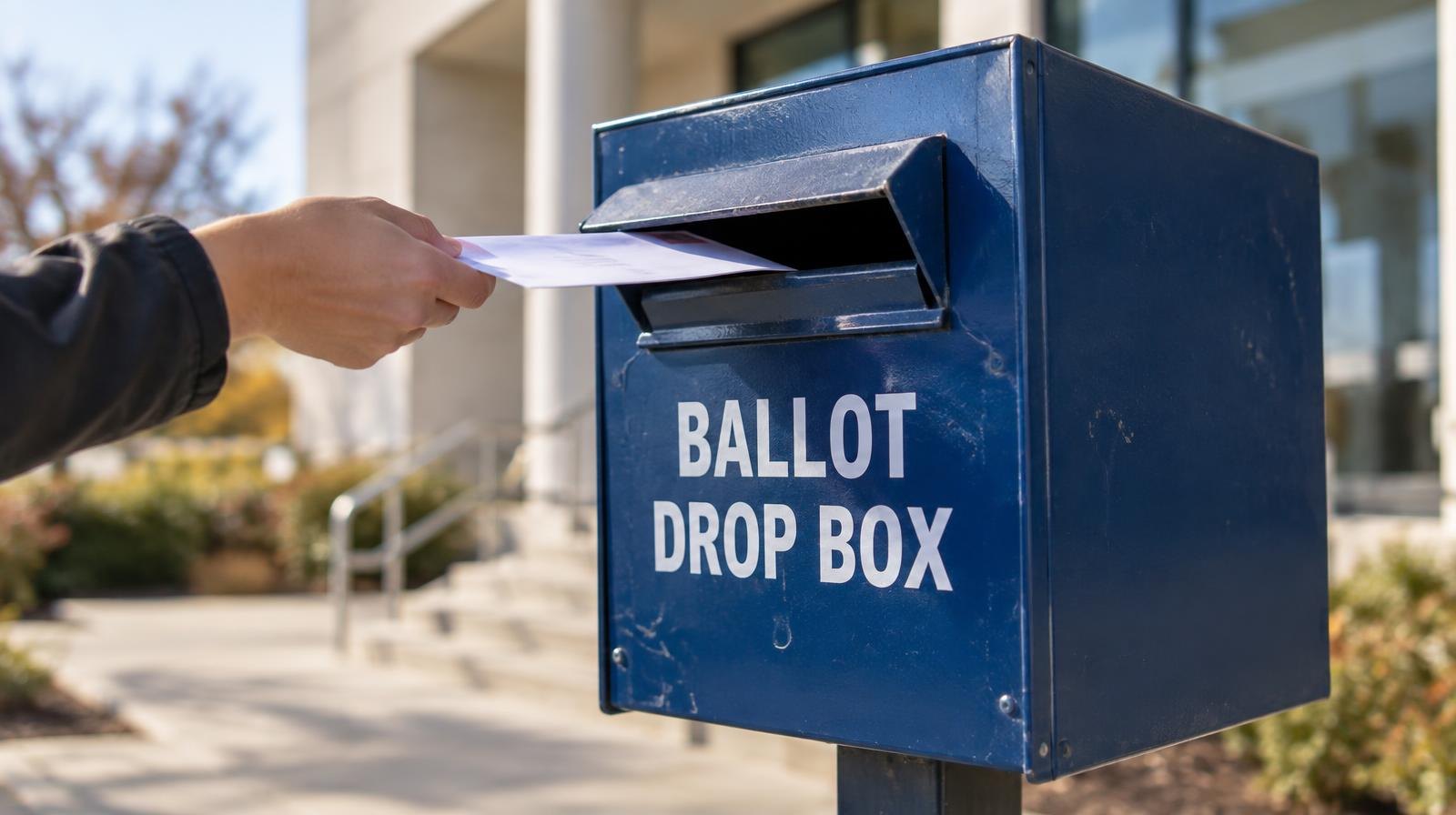 A metal ballot drop box mounted on a post with an envelope slot.