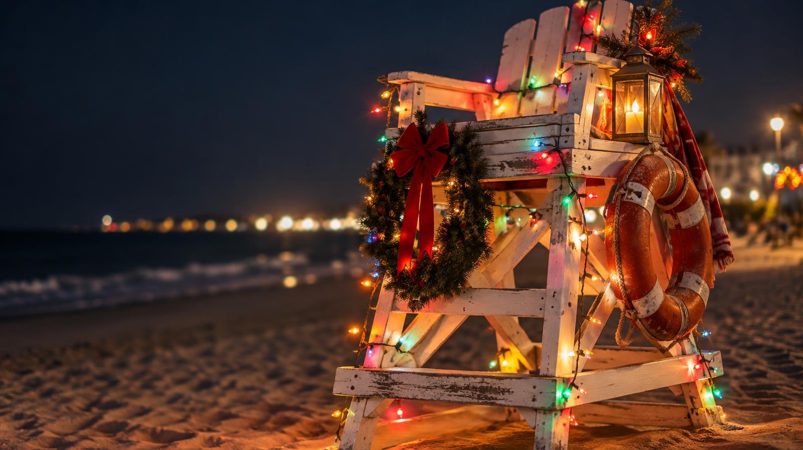 Wooden lifeguard chair covered in colorful holiday lights on a sandy beach at night.