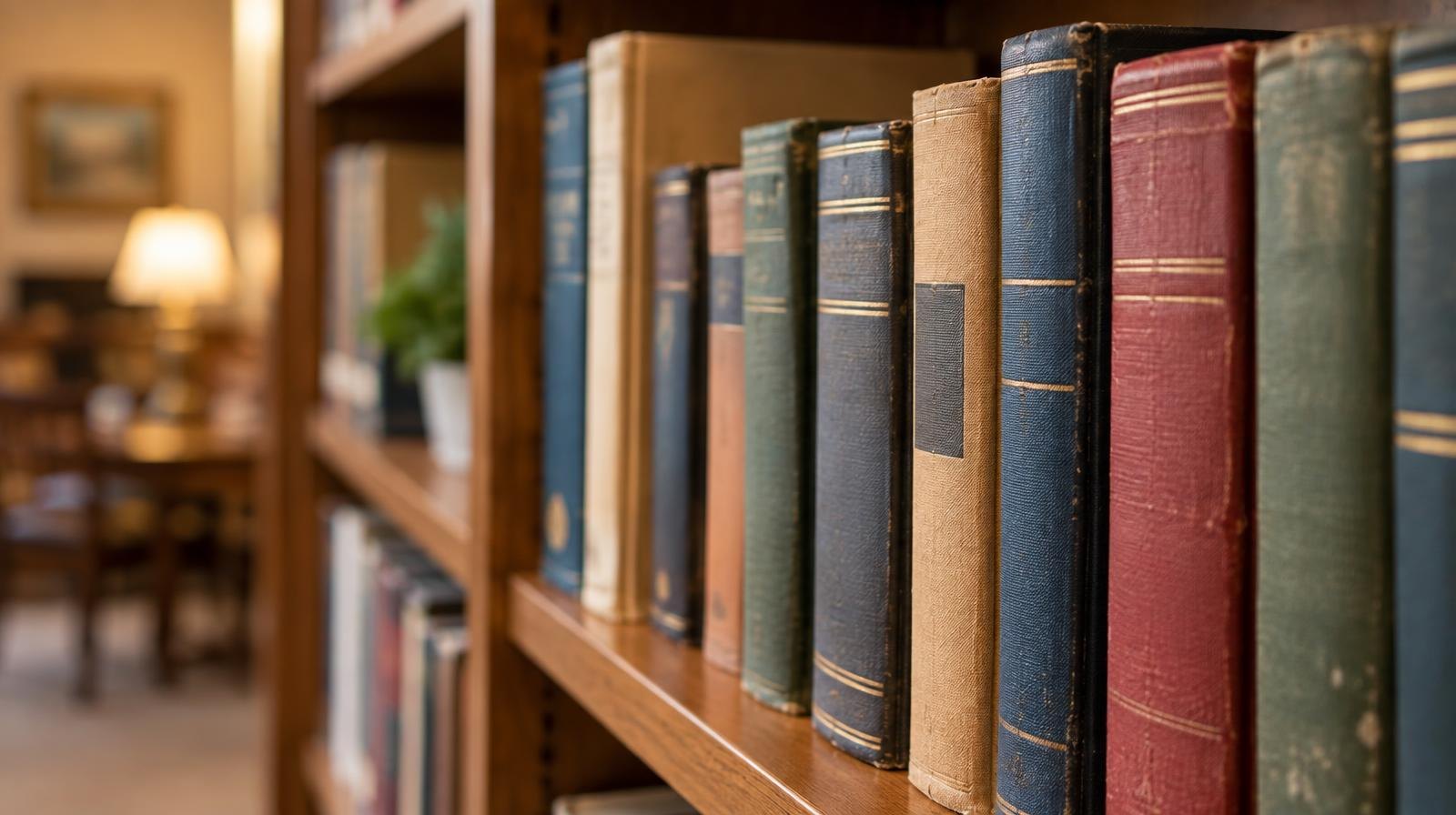 A row of hardcover books standing upright on a wooden library shelf