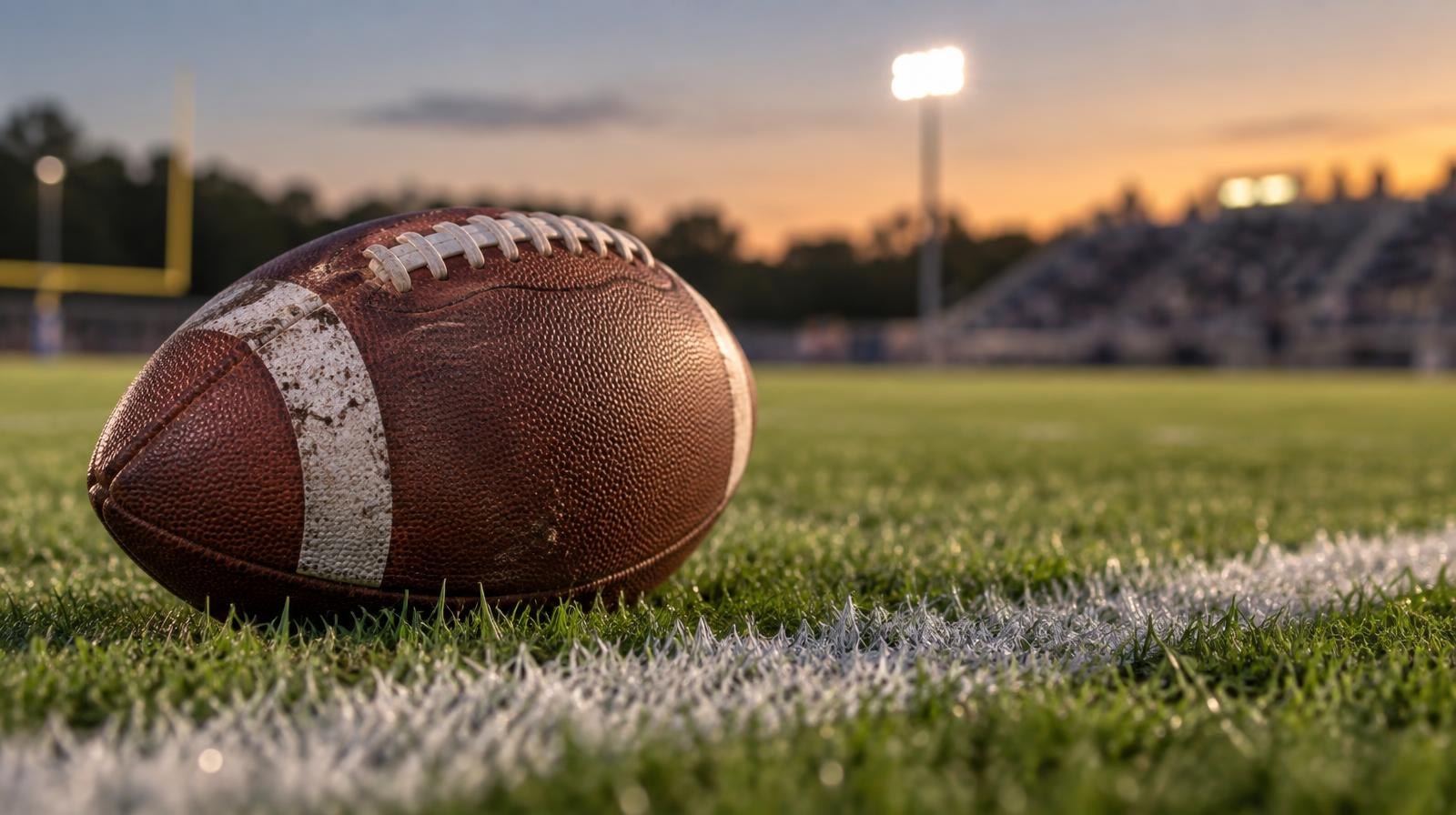 An American football on green grass beside a white yard line under warm stadium lighting.