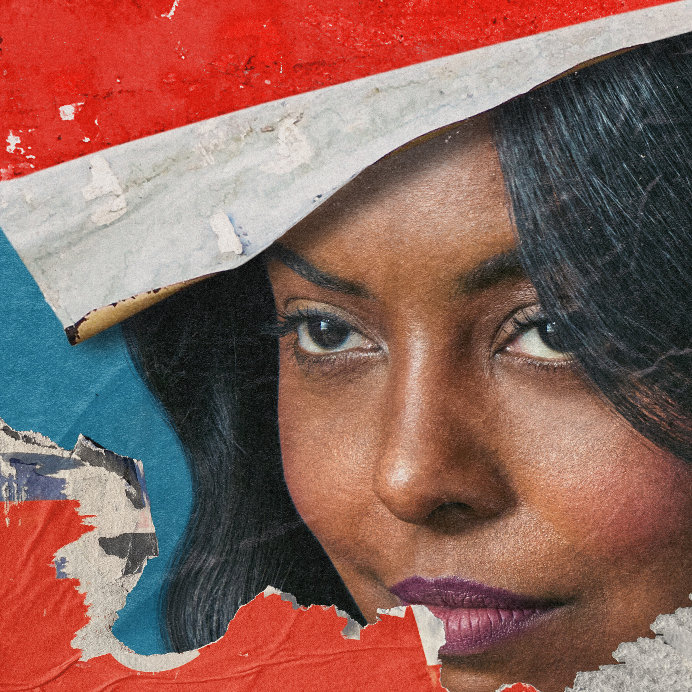 Official Imitation of Life promotional artwork featuring a woman framed by torn red, white and blue paper.