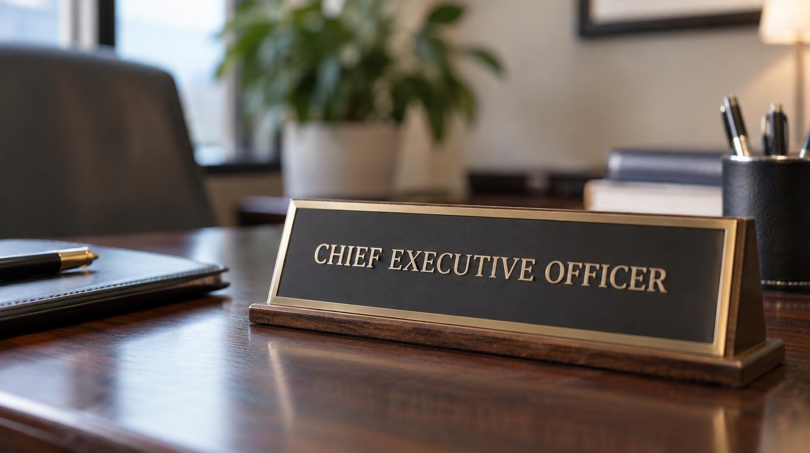 A polished nameplate sits on a dark wood conference table.
