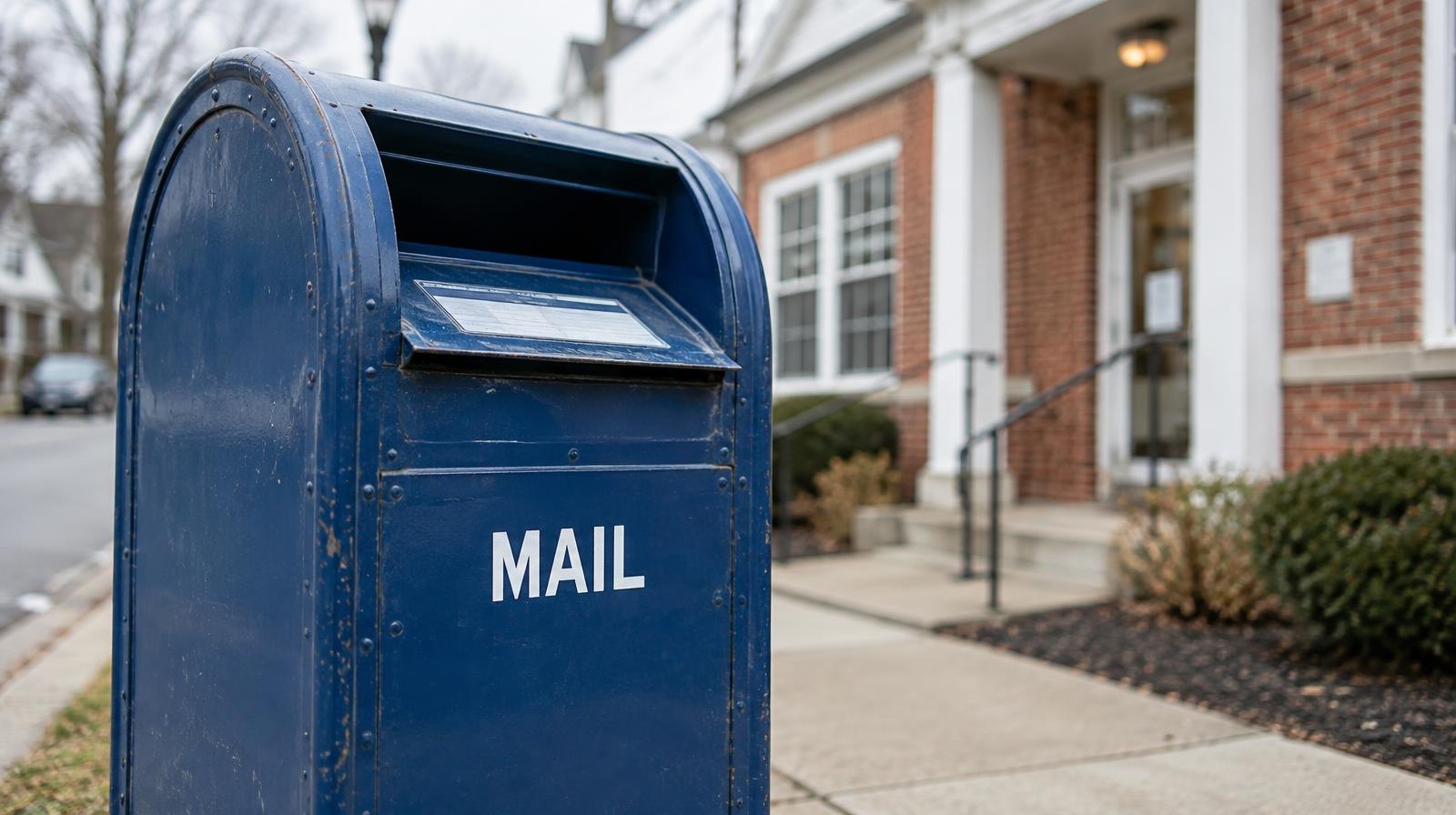 Blue USPS mail collection box on a sidewalk outside a post office.