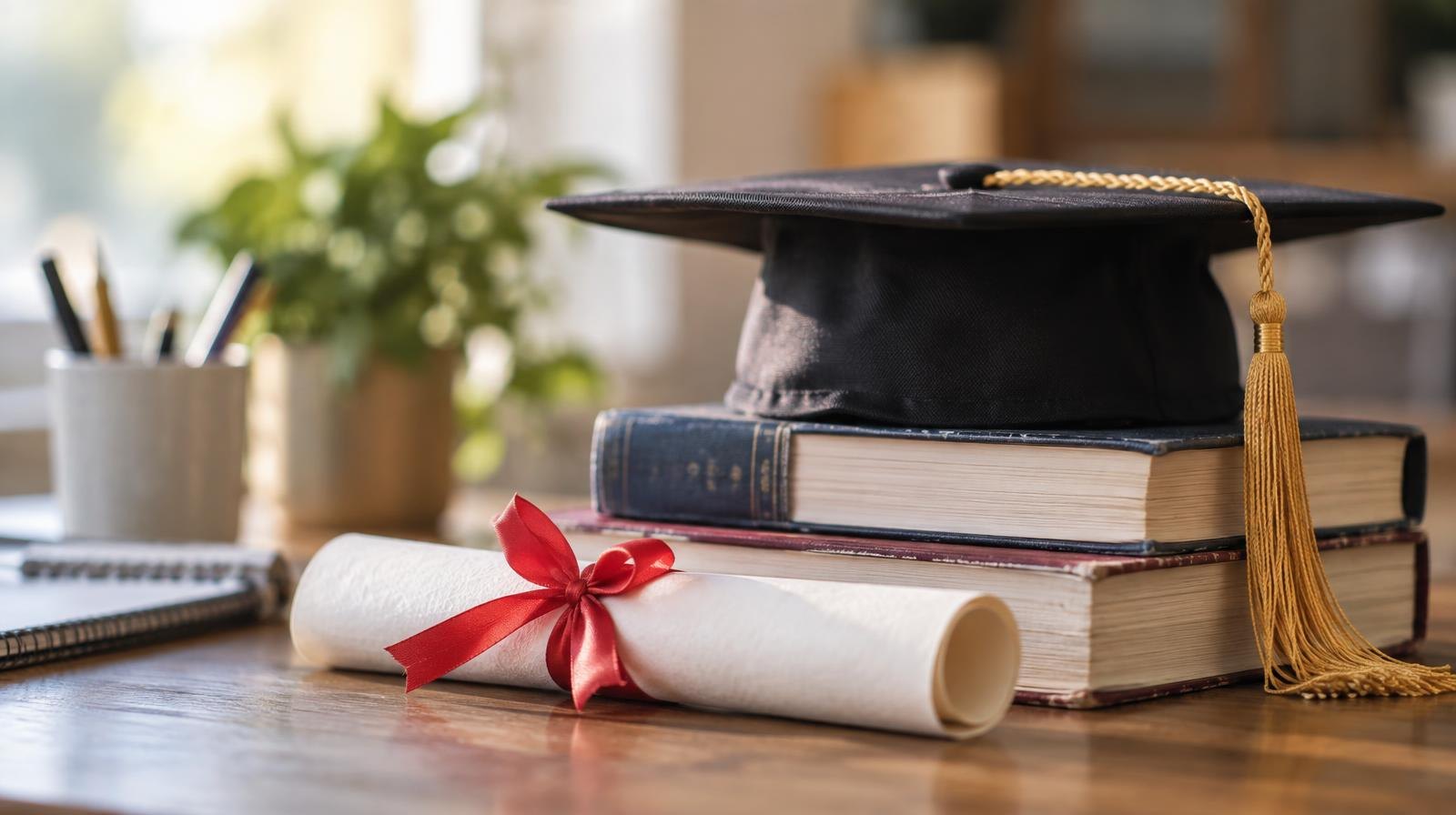 A rolled diploma, graduation cap, and stack of textbooks on a wooden table.