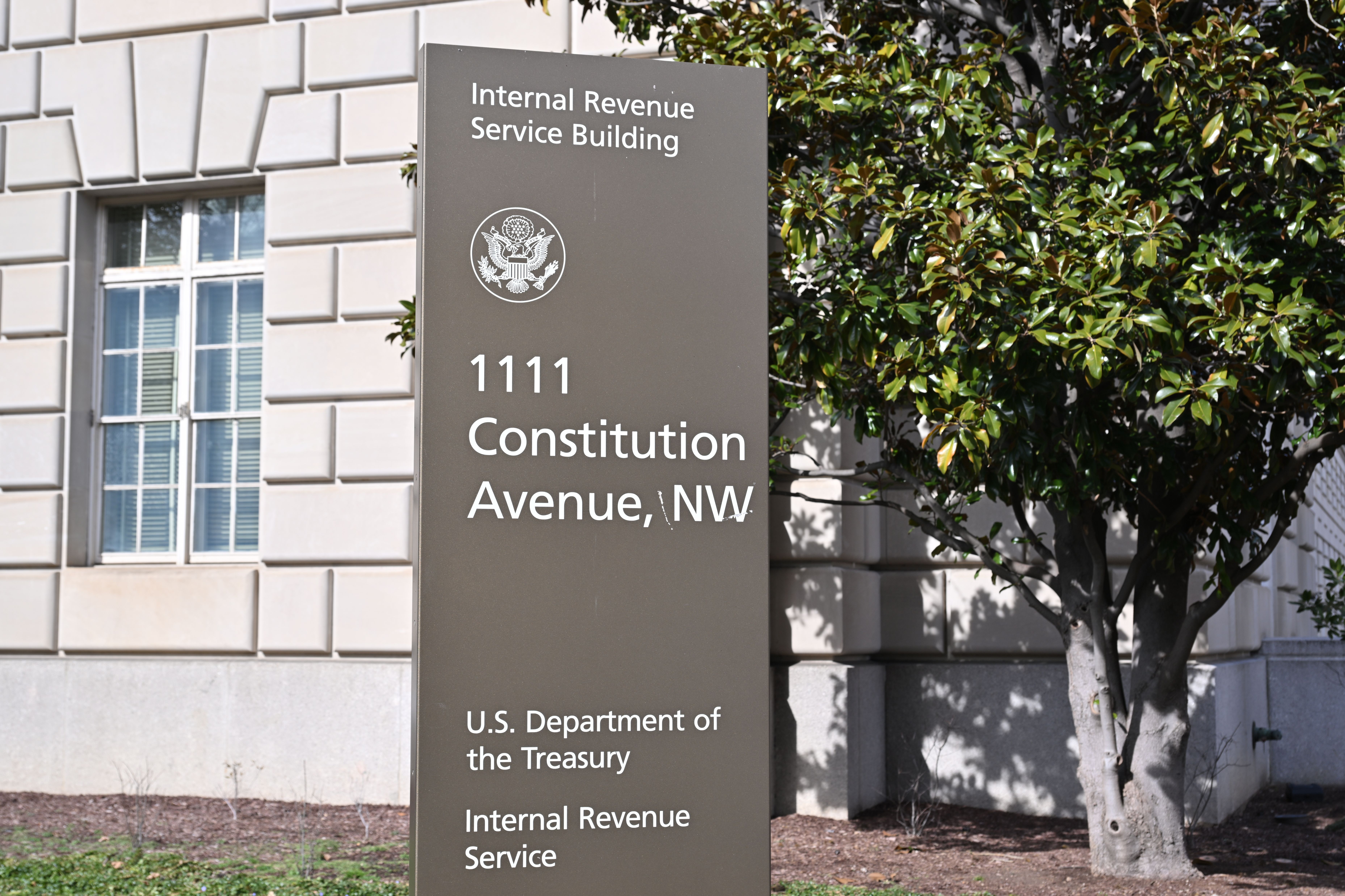 Sign outside the IRS building listing the Treasury Department and Internal Revenue Service.