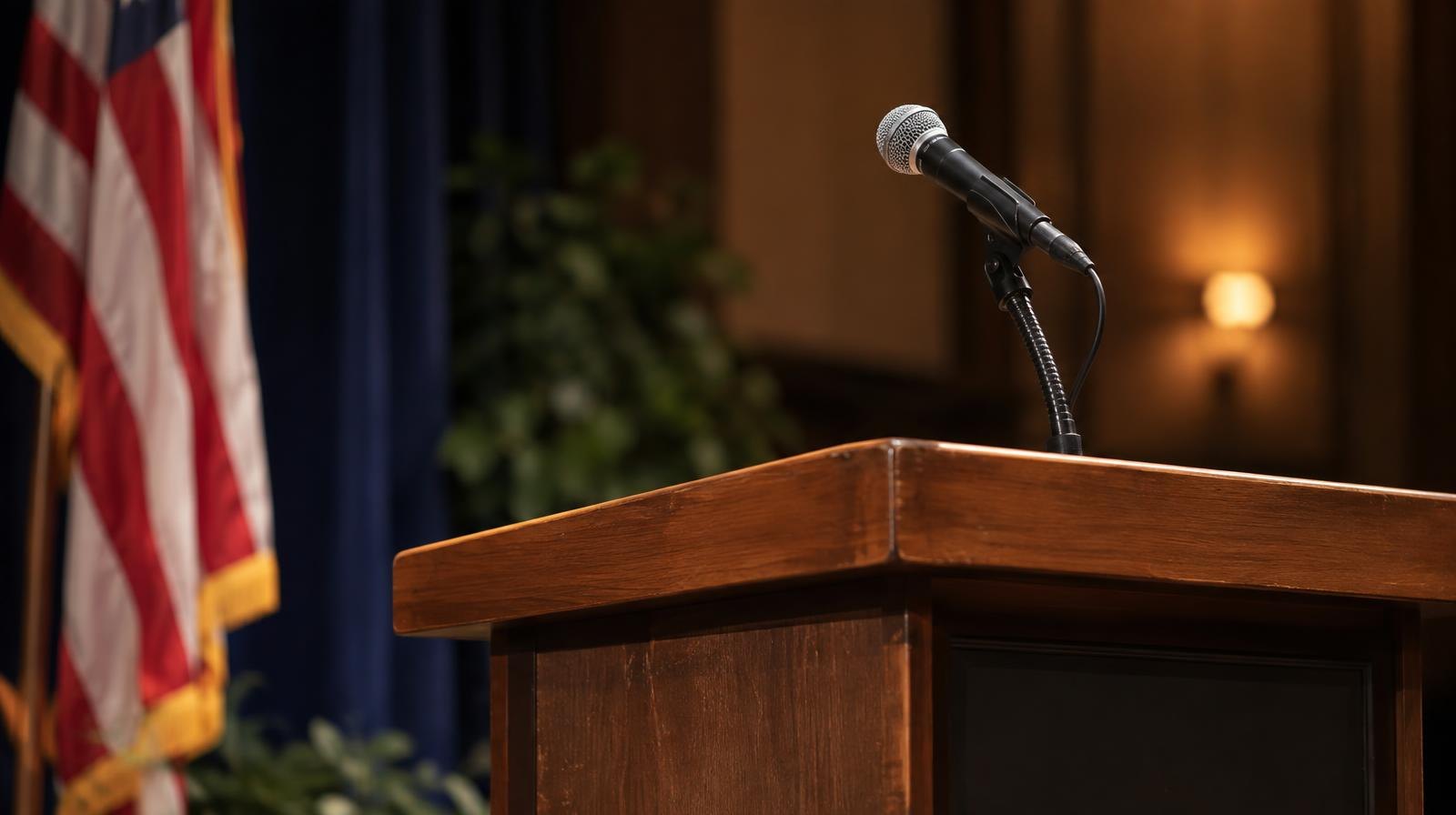 An empty wooden podium with a microphone on a warmly lit stage.