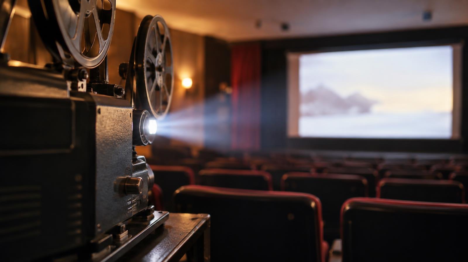 Empty chairs arranged in rows face a glowing screen in a darkened screening room.