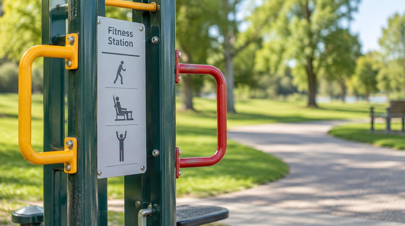 Modern outdoor fitness station with colorful handles beside a paved park trail