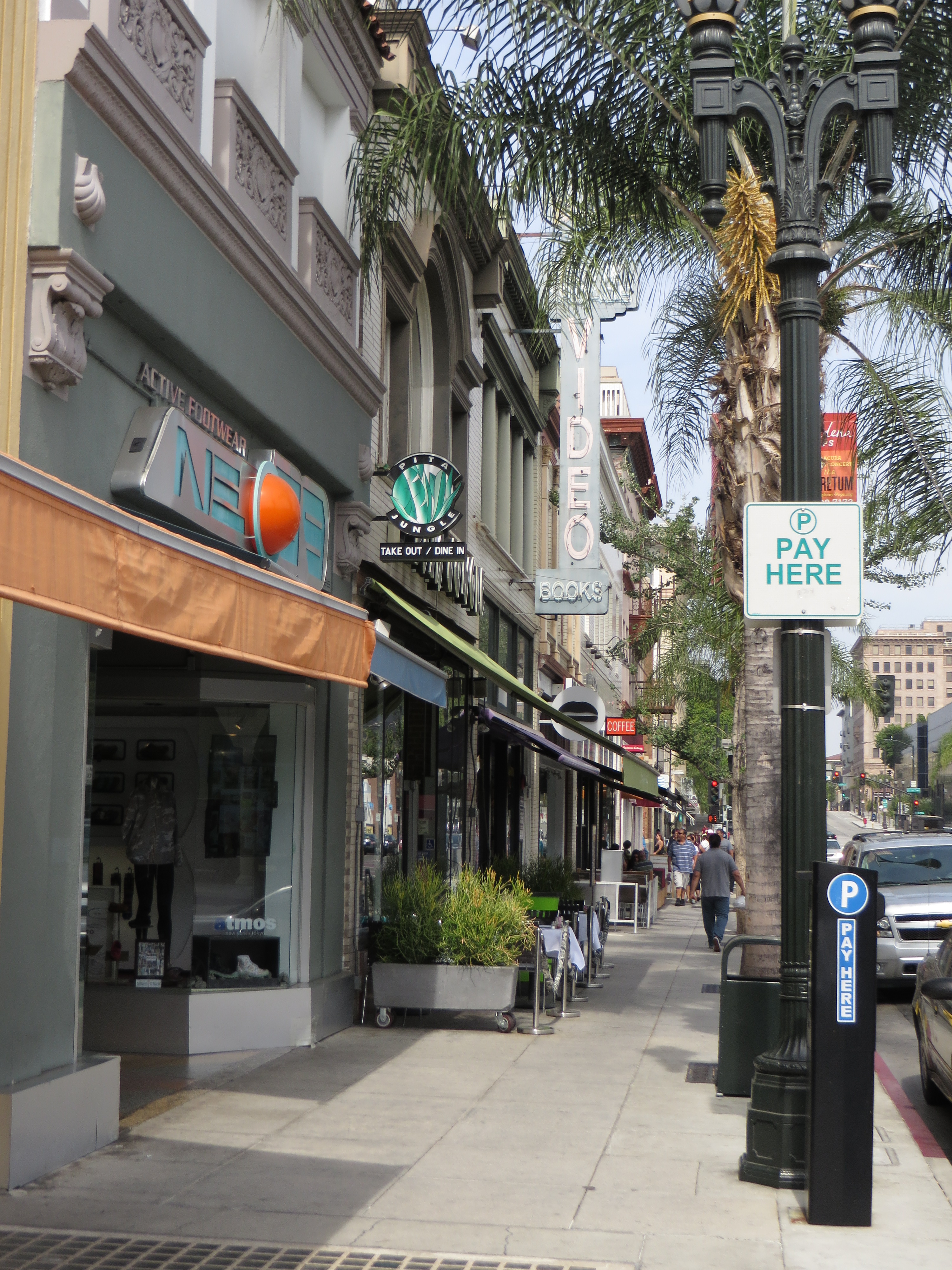 Sidewalk along a commercial street with palm trees and ornate lamp posts.