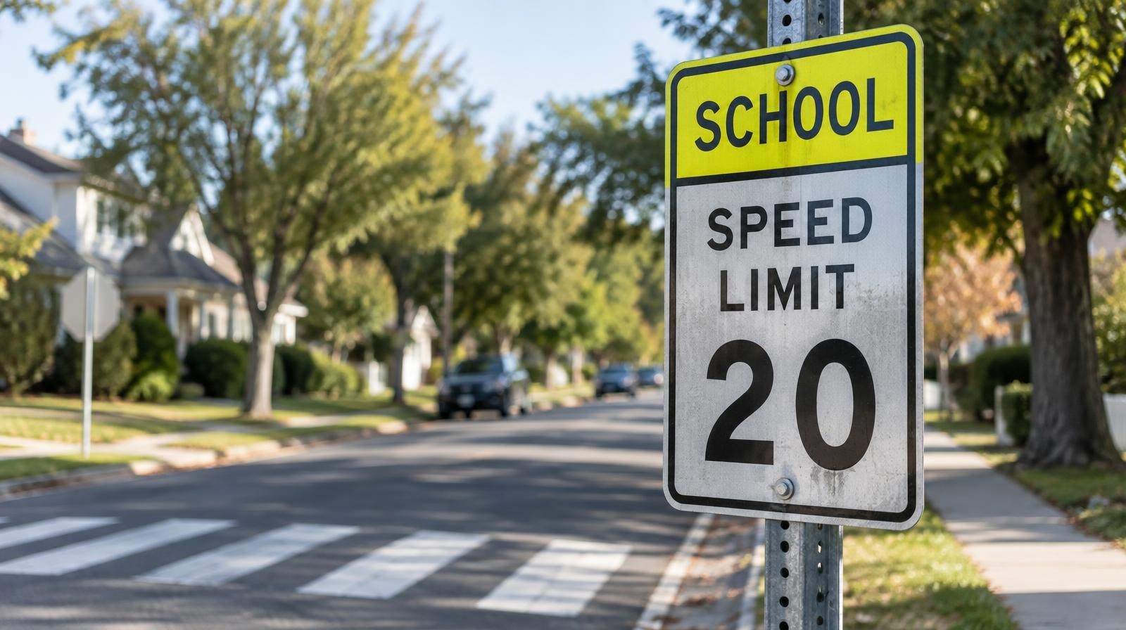 Yellow school zone speed limit sign beside a crosswalk on a suburban street.