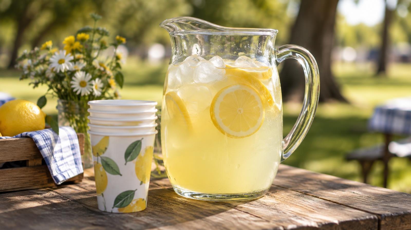 Glass pitcher of lemonade with ice and lemon slices next to paper cups outdoors.