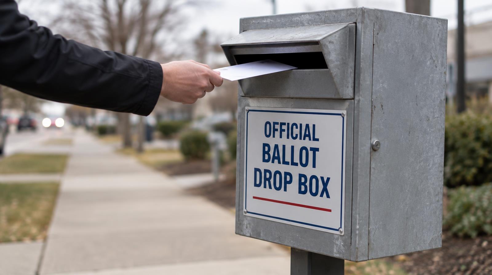 A gray metal ballot drop box mounted on a post outdoors.