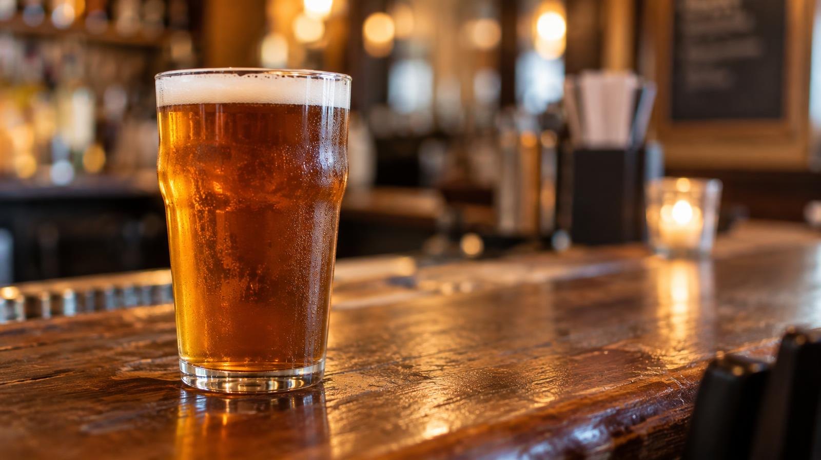 A pint glass of amber craft beer resting on a worn wooden bar.