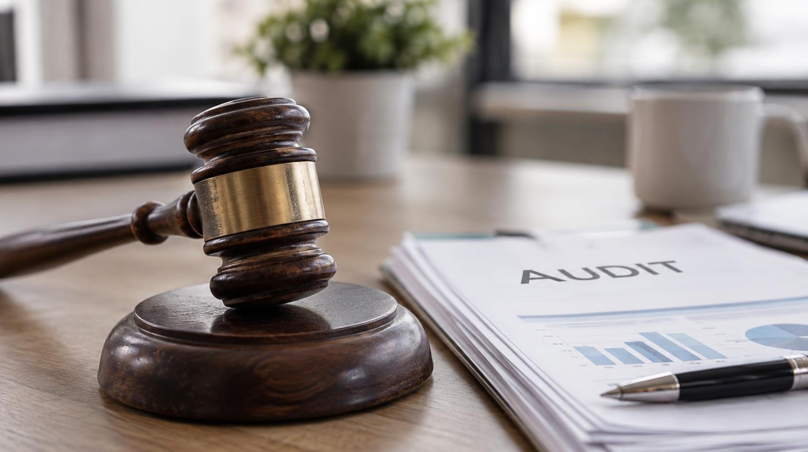 Wooden gavel on its sound block next to stacked papers and a pen on a desk.