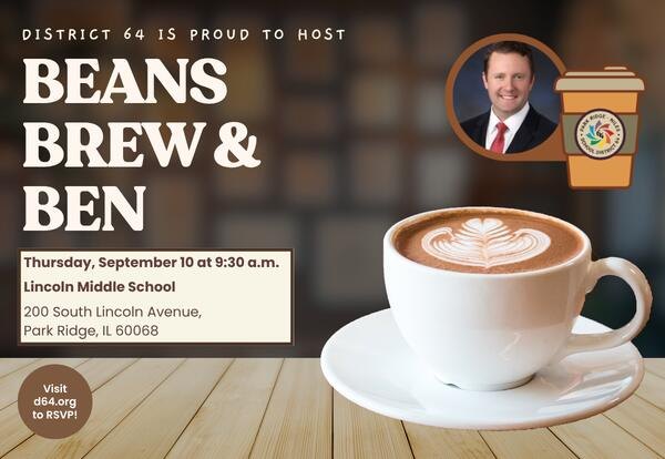 Event flyer showing a latte in a white cup and a man in a suit, with event details for Beans, Brew and Ben.