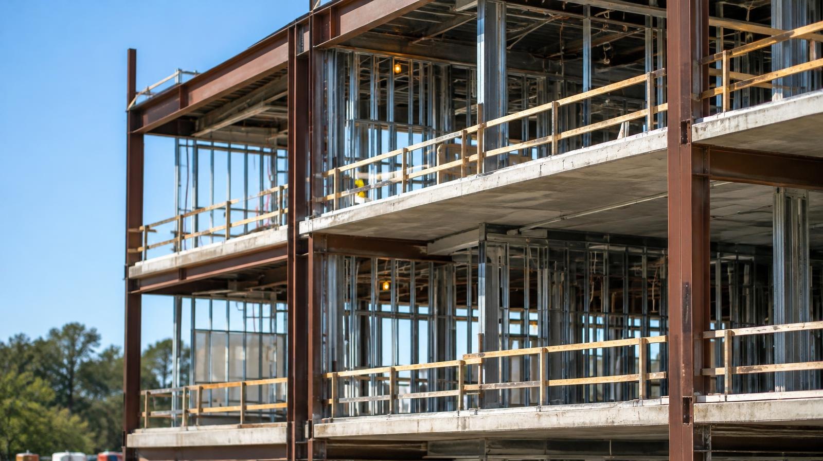 Steel-framed multi-story building under construction against a clear blue sky.