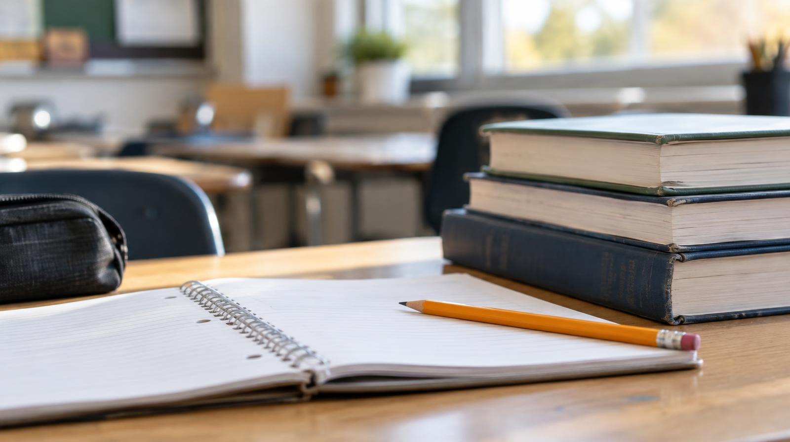 Open notebook and pencil on a school desk beside stacked textbooks.