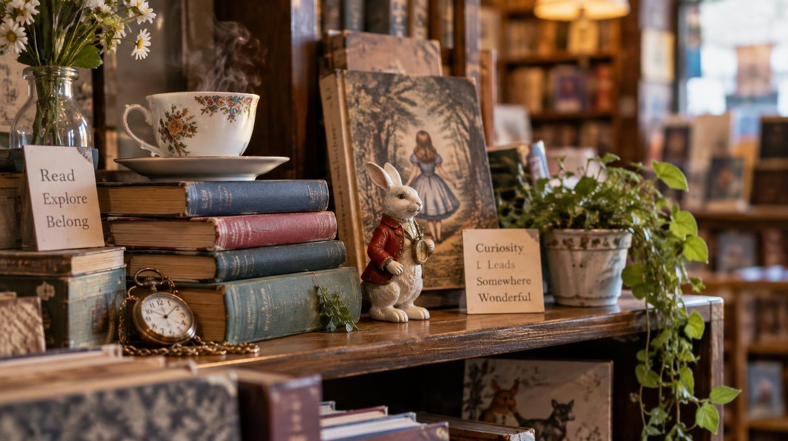 Stacked books and a coffee cup on a cozy wooden bookstore shelf.