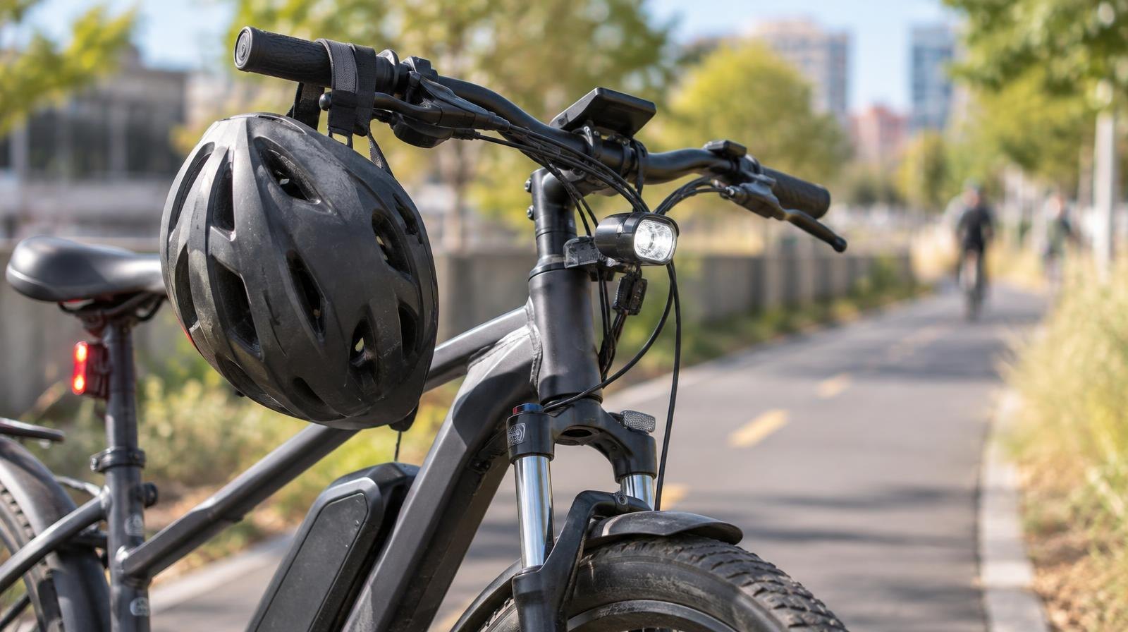 Bicycle helmet resting on e-bike handlebars with front white light and rear red light.