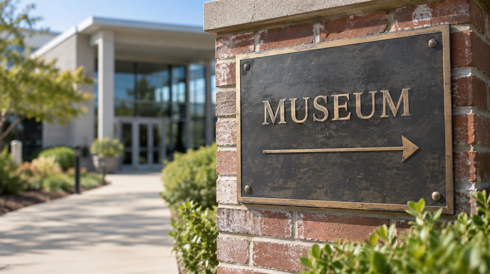 Museum entrance sign on a brick pillar beside a landscaped walkway.