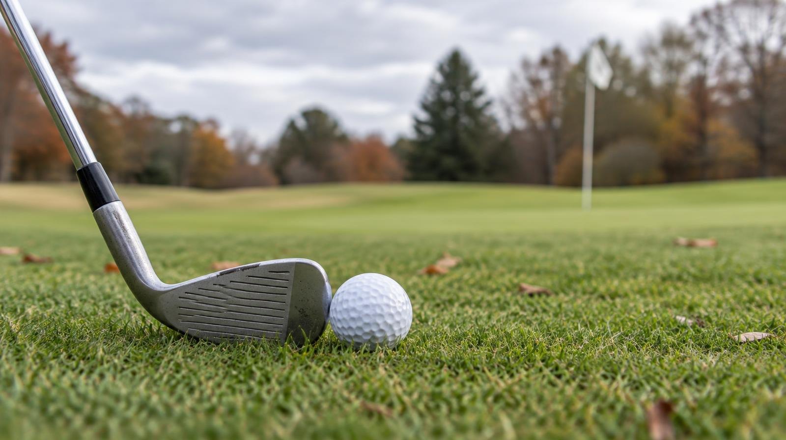 A golf club iron beside a white golf ball on a trimmed fairway with a distant flagstick.