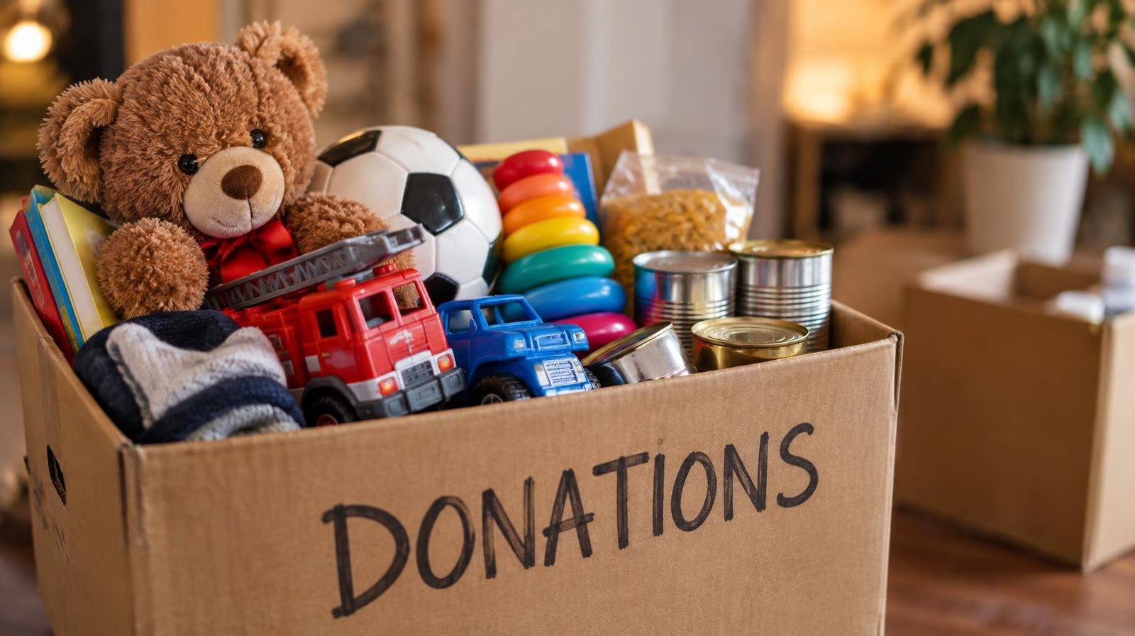 Cardboard donation box overflowing with colorful toys and canned food items.