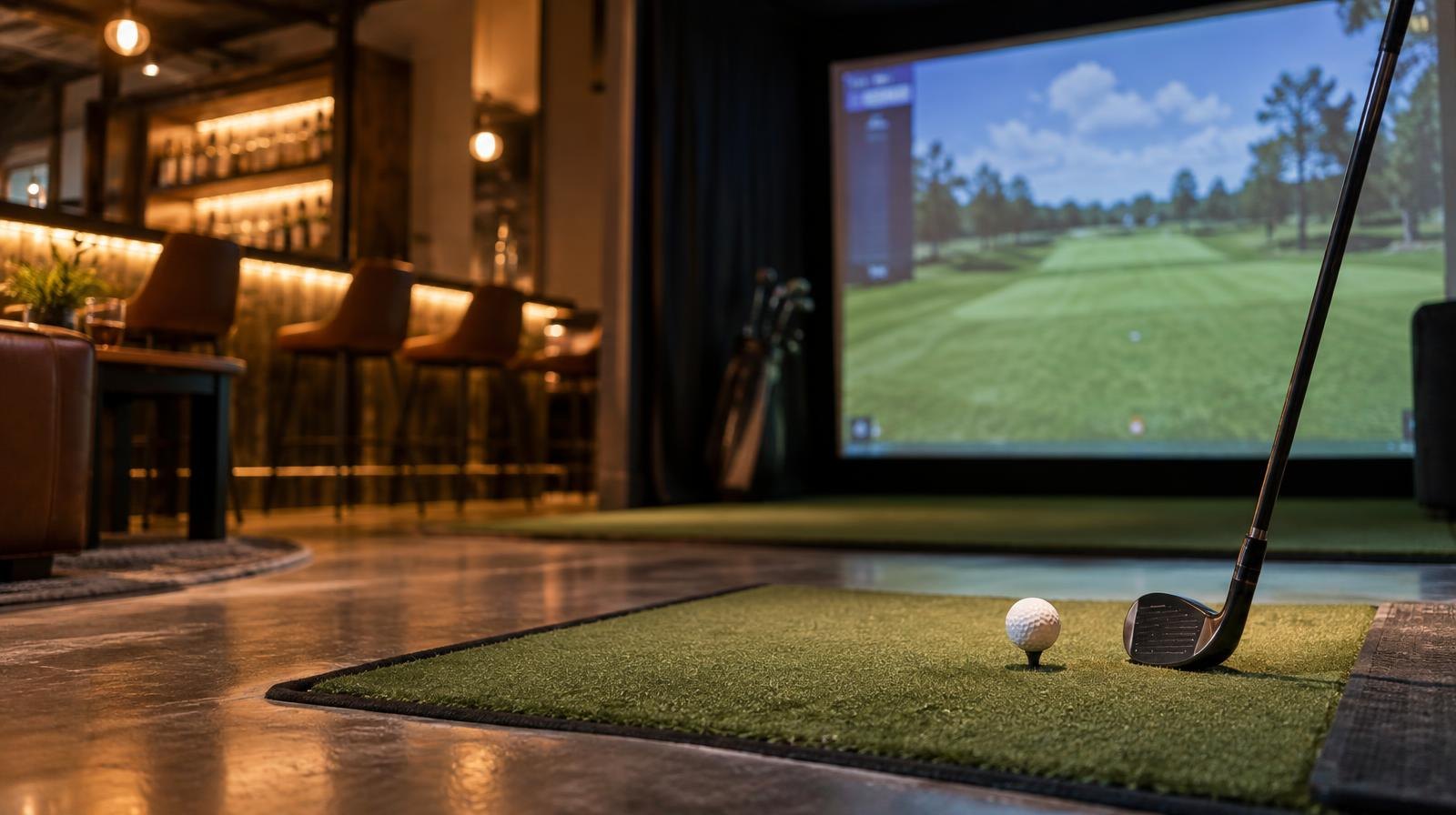 Golf simulator bay with a large screen showing a virtual golf course and a club on the mat.