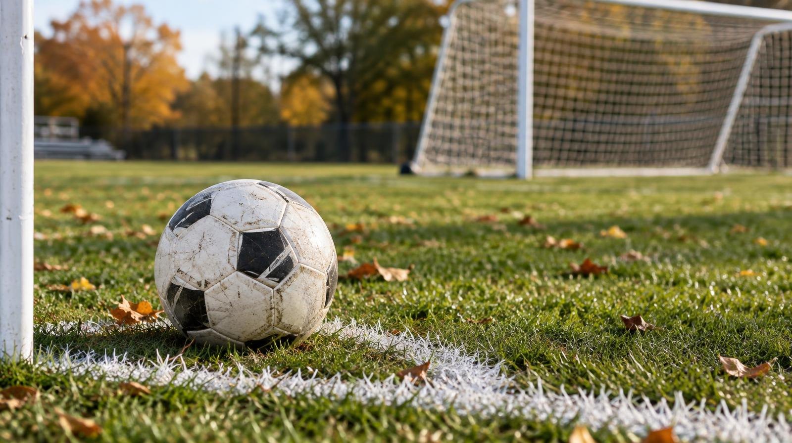 A white soccer ball on a grass field near a corner arc with a goal net in the background.
