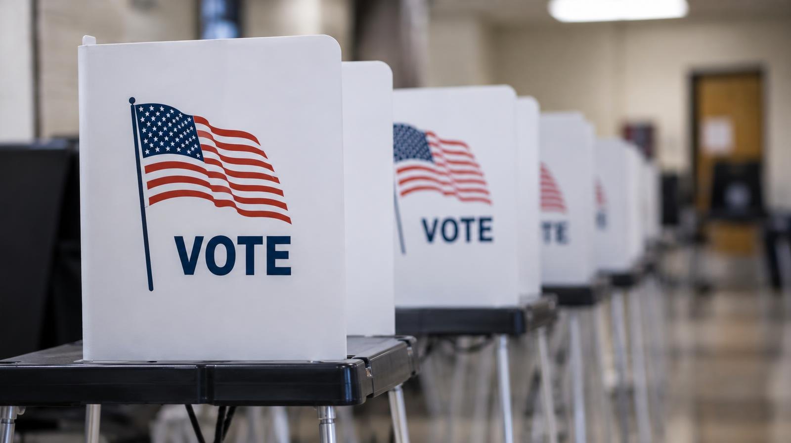 A row of electronic voting booths with privacy screens inside a polling place.