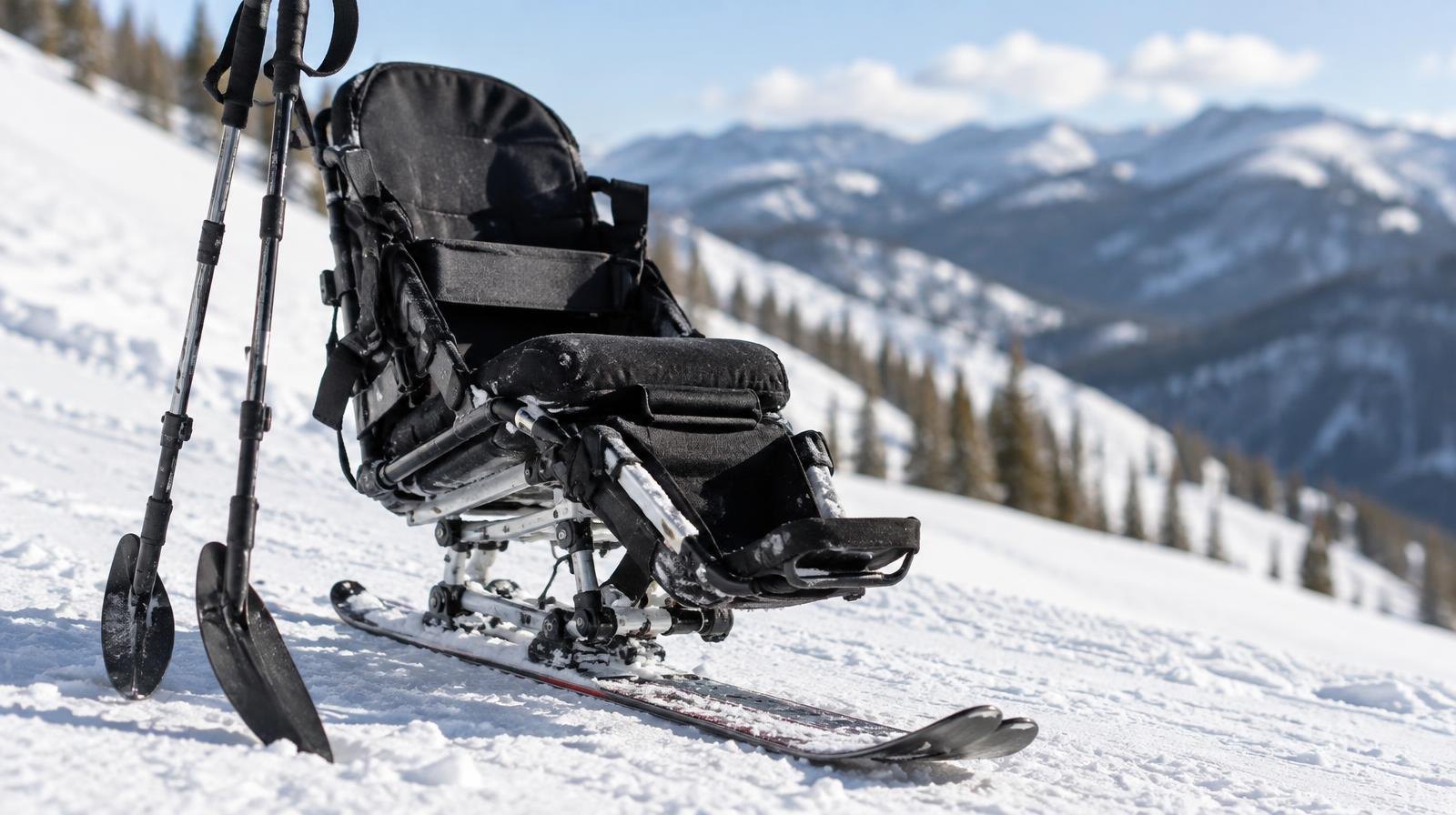 An adaptive sit-ski sled resting on a snow-covered mountain slope.