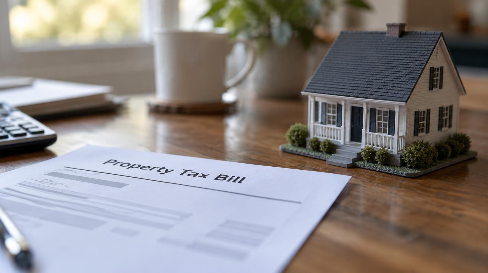 Small model house beside a document on a wooden desk in soft natural light.