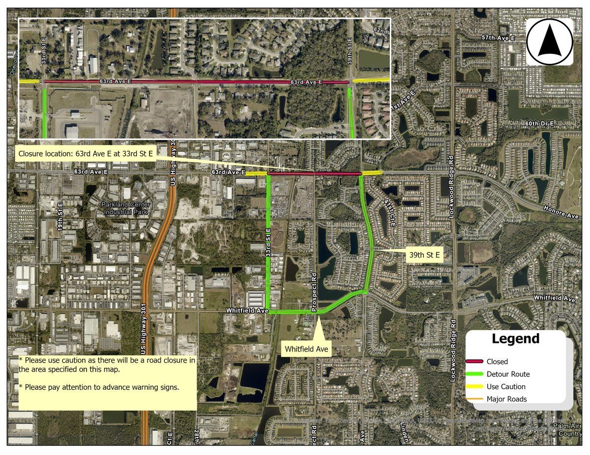 Aerial map showing a road closure at an intersection with detour routes marked.